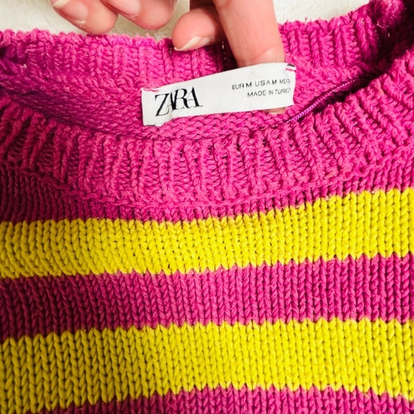 Zara striped cropped sweater, L, crewneck, pink yellow, cotton blend Soft Summer - Picture 3 of 6